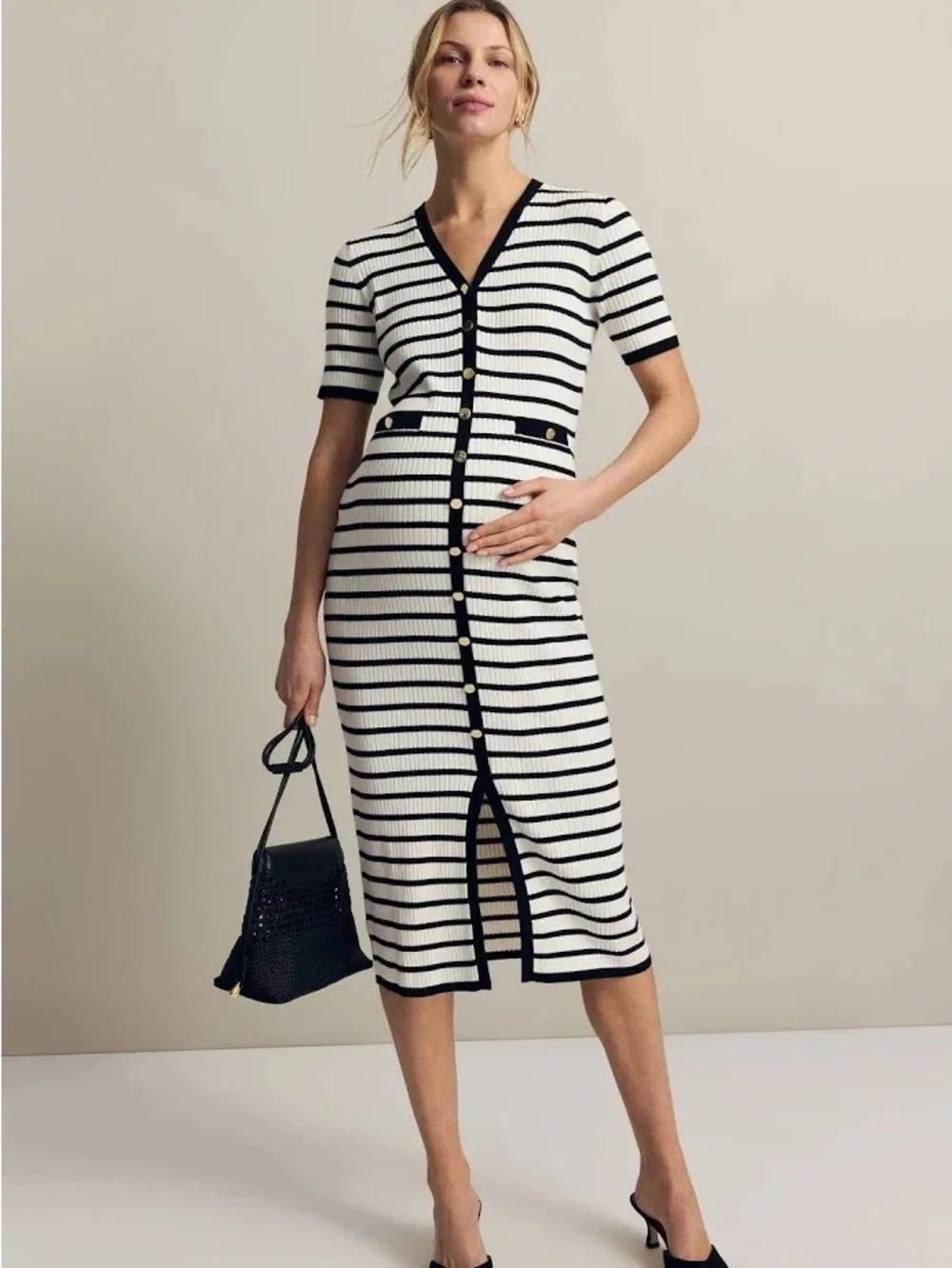 Seraphine Eden Rib Knit Dress Black White Striped Button Midi Size US 4